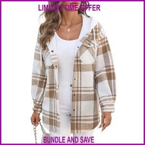 Oversized Flannel Shacket Sherpa Lined Hooded Jacket with Pockets